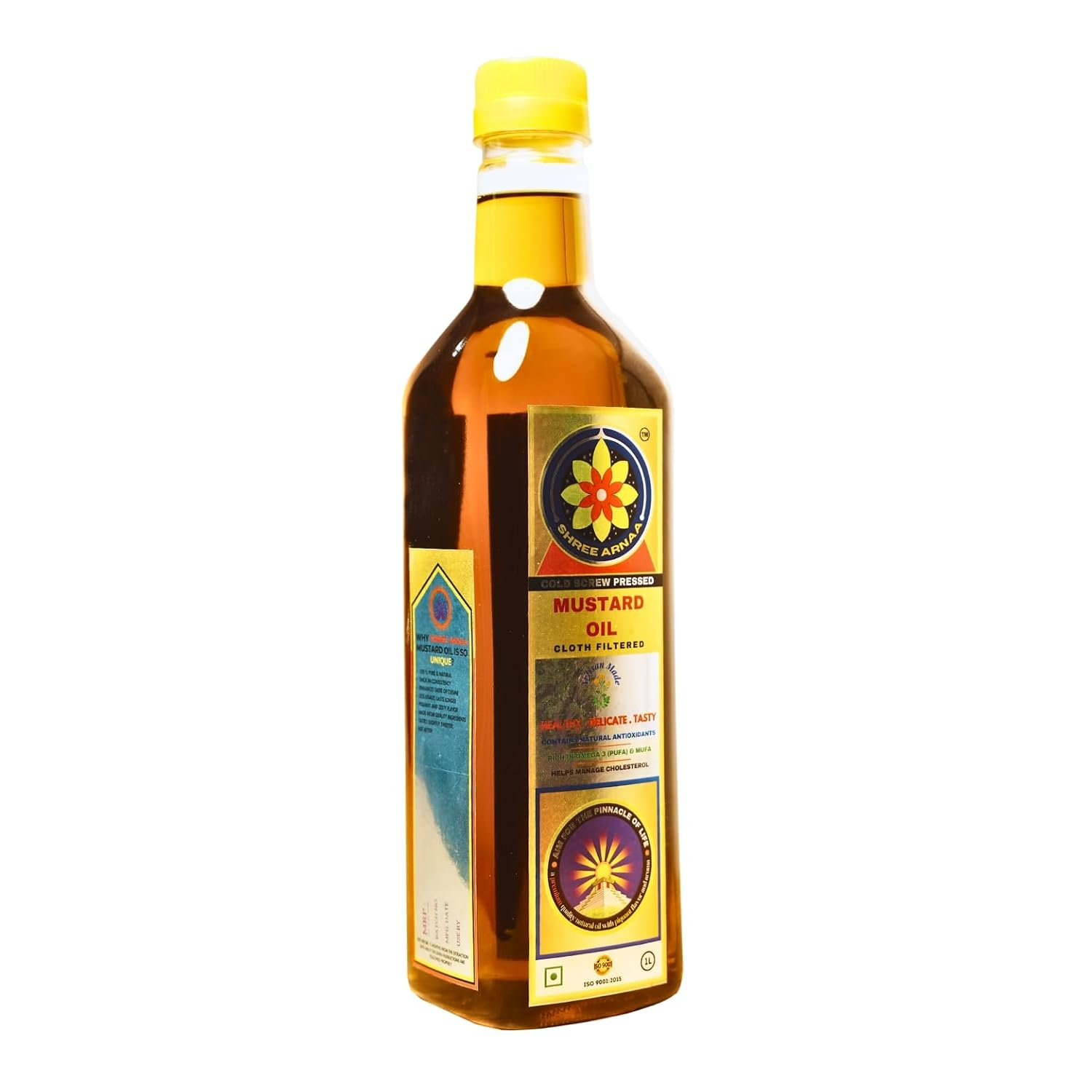 Genuine SHREE ARNAA 1 litre mustard-oil bottle with yellow cap and original label